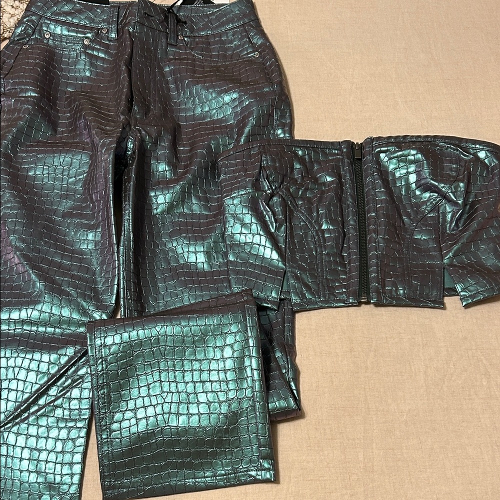 NWT Revolve AFRM Green Croc Faux Leather Pants and strapless top set